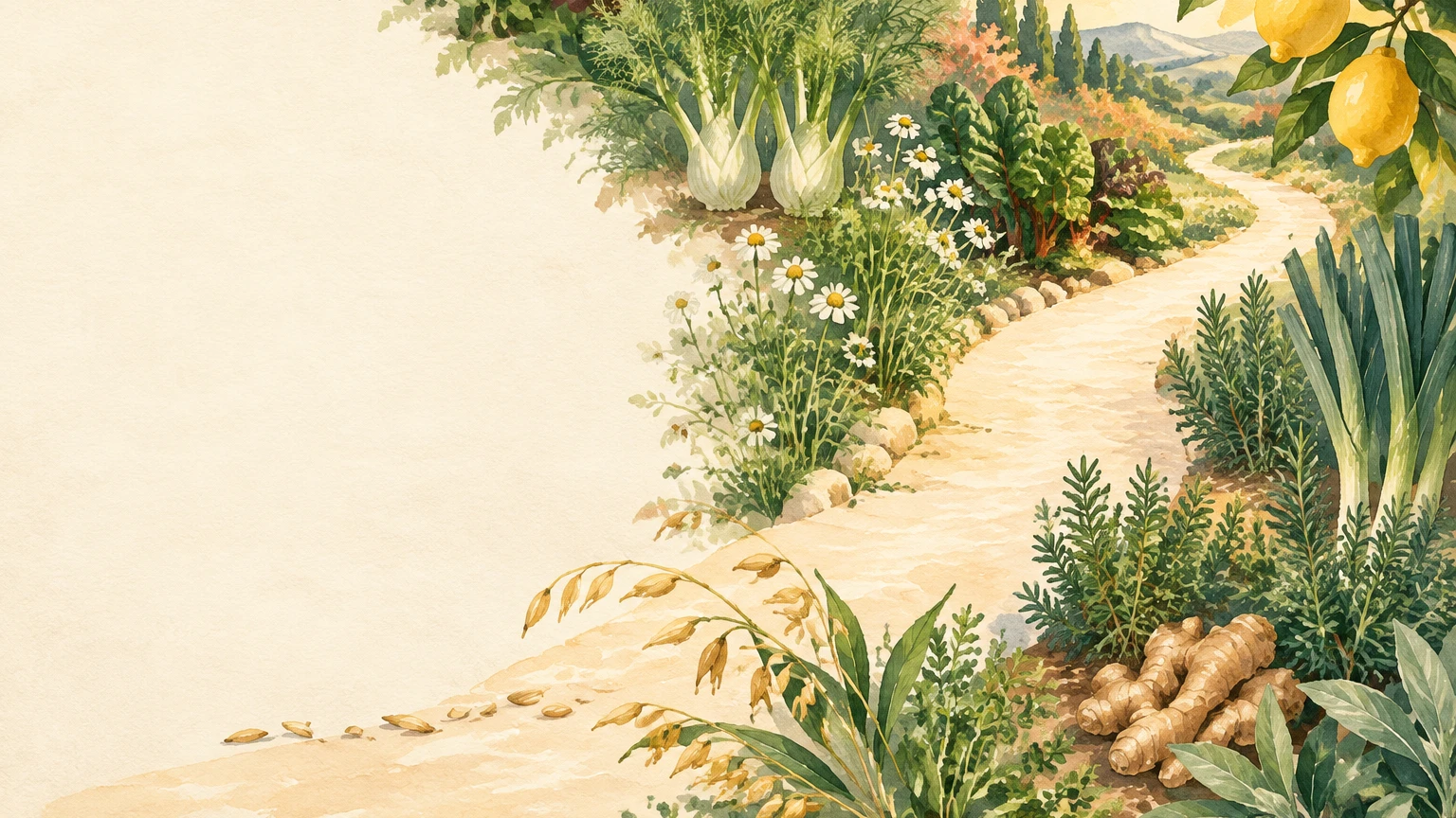 Gemalter Gartenweg zwischen Kräutern, Blattgemüse, Fenchel und Kamille